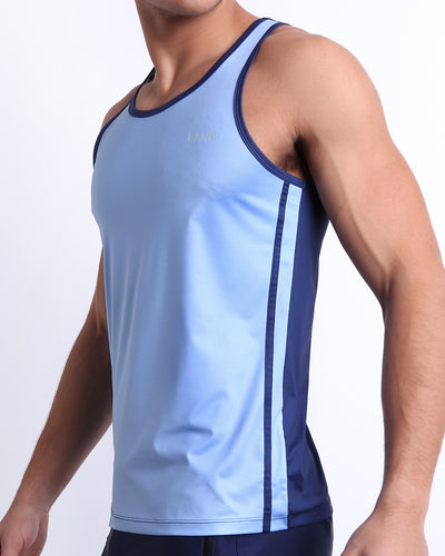 Side view of the CASINO ROYALE (BLUE) for men’s summer Tank Top Inspired by actor Daniel Craig's iconic blue swim trunks in the 2006 film Casino Royale, this Tank Top was designed by BANG! Clothes in Miami.