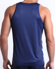 Back view of male model wearing men’s CASINO ROYALE (BLUE) Summer Tank Top in a blue color. This tank top is perfect for any activity, such as working out or CrossFit.