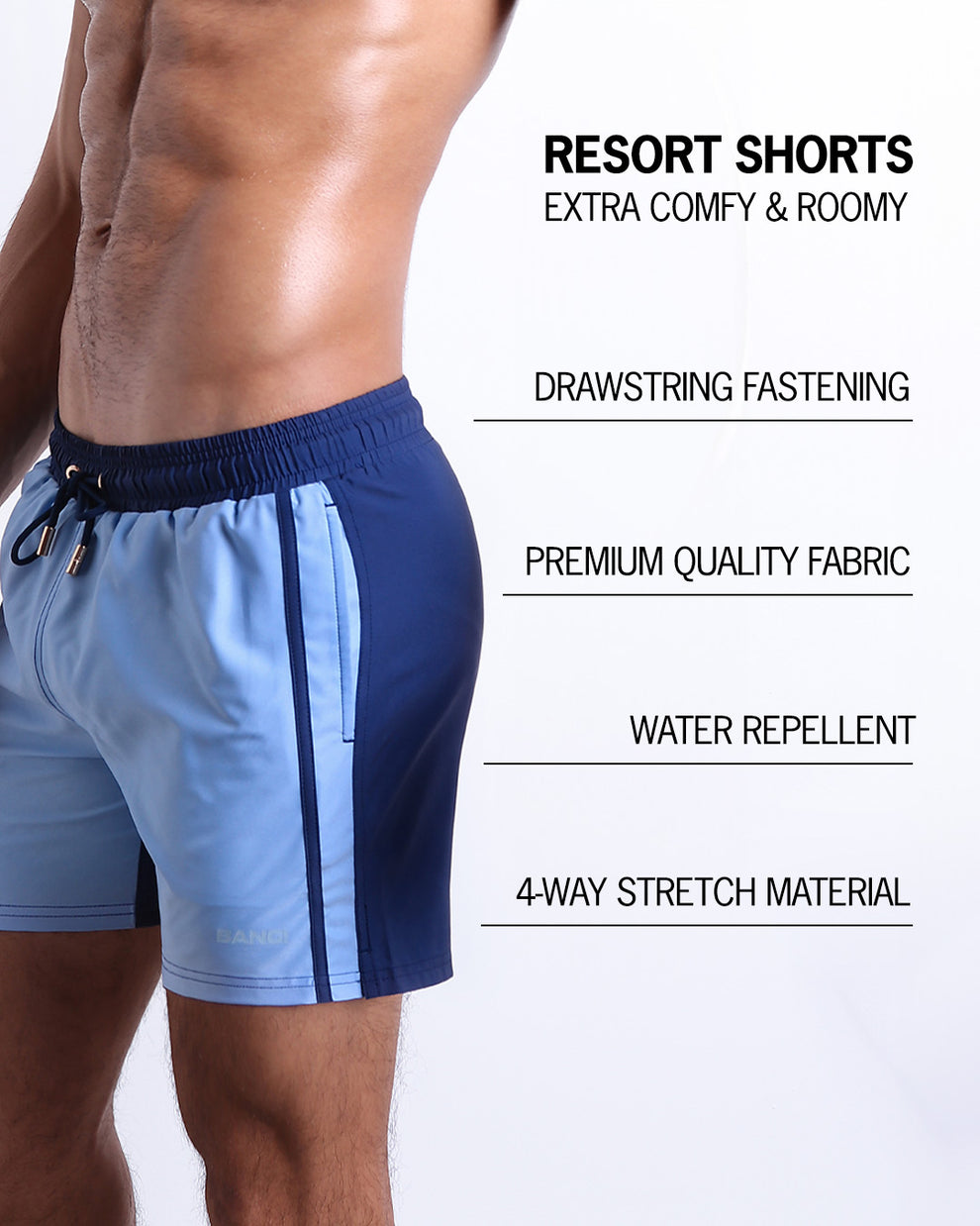 Infographic explaining how extra comfy and roomy Resort Shorts. They have drawstring fastening, quality fabric, quick-dry, 4-way stretch material features of the resort shorts. 