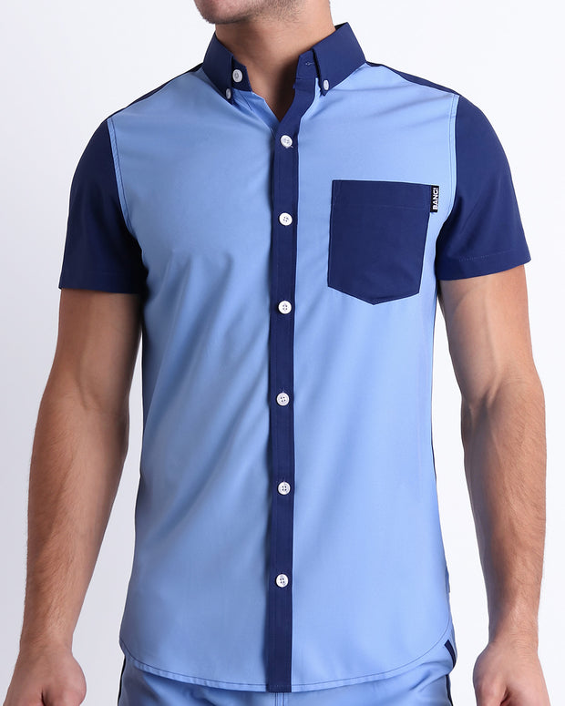 Front view of the CASINO ROYALE (BLUE) men’s sleeveless stretch shirt in color-block blue colors. Inspired by actor Daniel Craig&