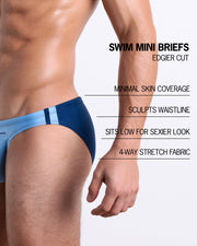 Infographic explaining the features of the CASINO ROYALE (BLUE) Swim Mini-Brief made by BANG! Clothes. These edgier cut mens swimsuit are minimal skin coverage, sculpts waistline, sits low for sexier look, and 4-way stretch fabric.