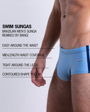 Infographic explaining the Brazilian Men's Swim Sunga remixed by BANG! These Swim Sunga are easy around the waist, are mid-length waist coverage, are tight aroung the legs, and have contoured-shape pouch.