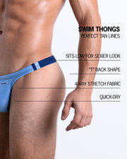 Infographic explaining the many features of the BANG! Clothes Swim Thongs. These Summer speedo fit men's swimsuit is perfect tanning, they sit low for sexier look, "T" back shape, 4-way stretch fabric, and are quick-dry.