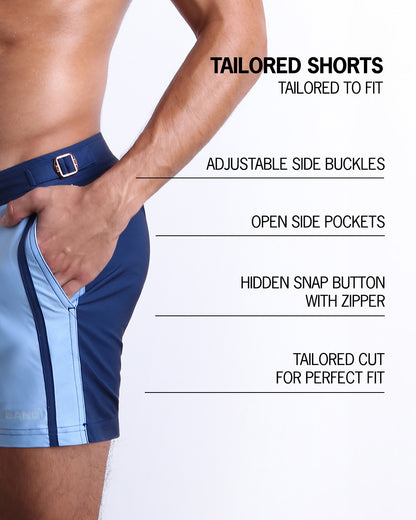 Infographic explaining the Tailored Shorts features and how they're tailored to fit every body form. They have hidden snap button with zipper, reinforced side pockets, and welded back pocket with zipper premium quality beach shorts for men.