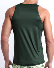 Back view of male model wearing men’s CASINO ROYALE (GREEN) Summer Tank Top in a green color. This tank top is perfect for any activity, such as working out or CrossFit.