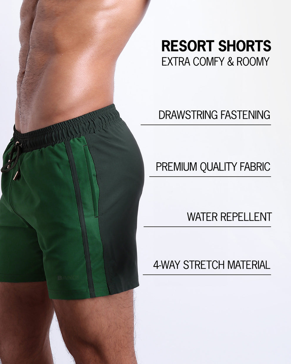 Infographic explaining how extra comfy and roomy Resort Shorts. They have drawstring fastening, quality fabric, quick-dry, 4-way stretch material features of the resort shorts. 