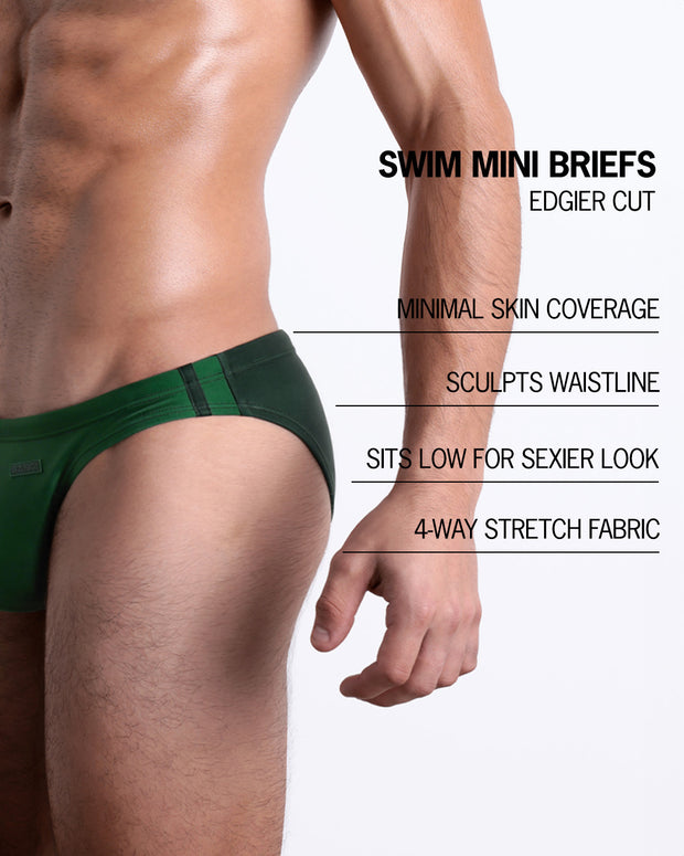 Infographic explaining the features of the CASINO ROYALE (GREEN) Swim Mini-Brief made by BANG! Clothes. These edgier cut mens swimsuit are minimal skin coverage, sculpts waistline, sits low for sexier look, and 4-way stretch fabric.