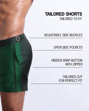 Infographic explaining the Tailored Shorts features and how they're tailored to fit every body form. They have hidden snap button with zipper, reinforced side pockets, and welded back pocket with zipper premium quality beach shorts for men.