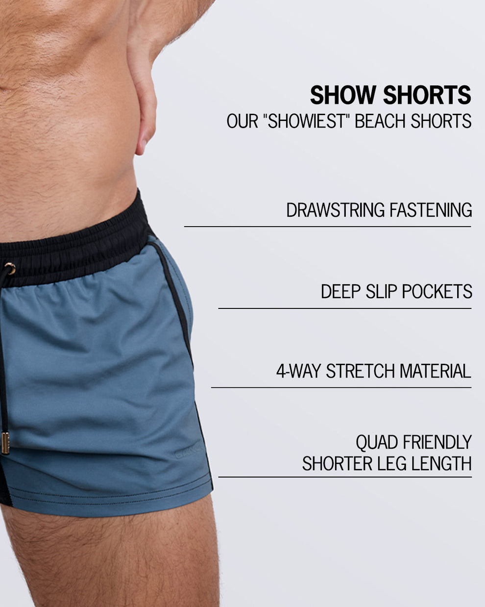 Detailed close-up of the CASINO ROYALE (GREY) Show Shorts by BANG!, highlighting key features: drawstring fastening for adjustable fit, deep slip pockets for secure storage, 4-way stretch material for enhanced mobility, and a quad-friendly shorter leg length.