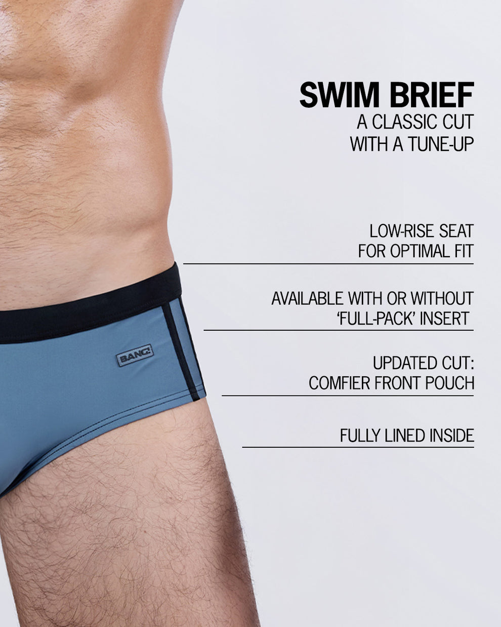Features of BANG! Casino Royale Swim Briefs – includes low-rise seat, lined interior, and optional Full-Pack insert for added comfort.