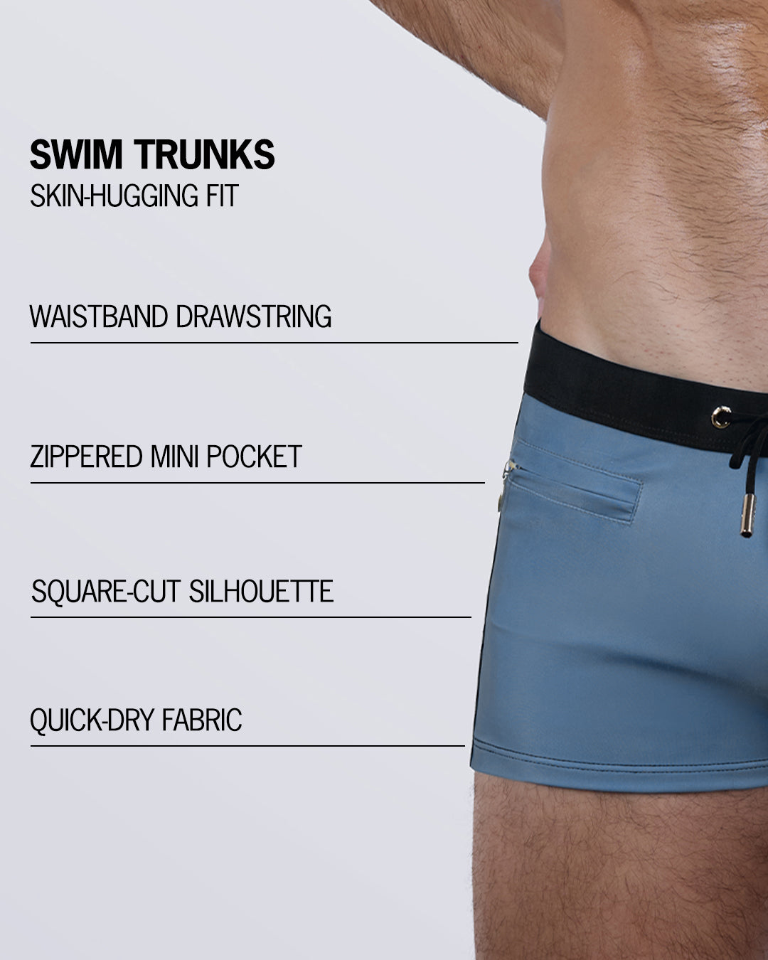 Breakdown of the CASINO ROYALE Swim Trunks – skin-hugging fit, adjustable drawstring waistband, side mini pocket, and quick-dry stretch fabric.