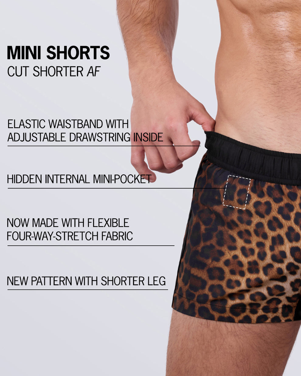 Detailed close-up of the Casino Royale (Leopard + Black) Mini Shorts by BANG! Miami, highlighting key features: an elastic waistband with an internal adjustable drawstring, a hidden mini-pocket, flexible four-way stretch fabric, and a modern ultra-short leg length for an edgy, fashion-forward look.