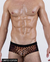 Front-angle view of the CASINO ROYALE (Leopard + Black) Swim Brief by BANG! – fierce leopard print paired with sleek black side panels for a bold, luxe look.