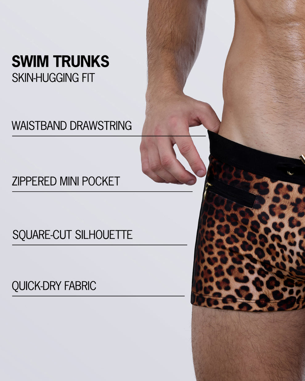 Feature breakdown of the CASINO ROYALE Swim Trunks – skin-tight fit, drawstring waist, front pocket, and fast-drying stretch fabric in a square-cut silhouette.