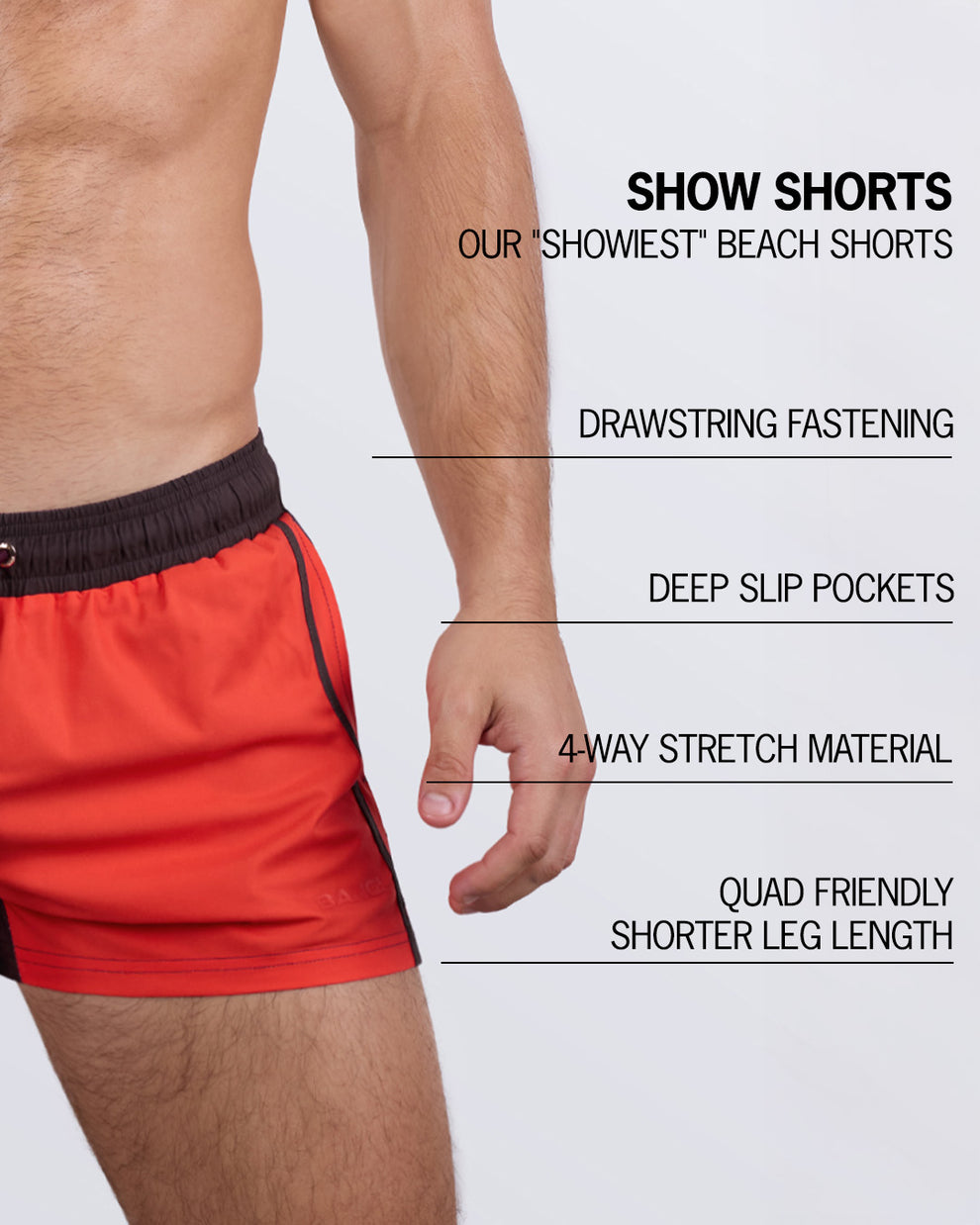 Close-up detailed view of the CASINO ROYALE (RED) Show Shorts highlighting key features: drawstring fastening for an adjustable fit, deep slip pockets, 4-way stretch material for enhanced flexibility, and a quad-friendly shorter leg cut.