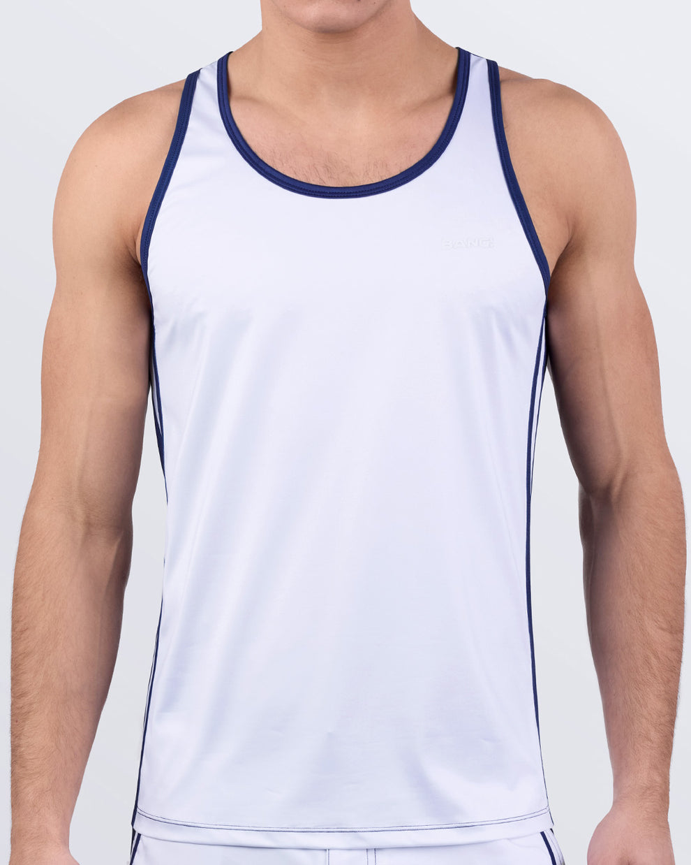 Front view of the men's tank top in CASINO ROYALE (WHITE + NAVY BLUE) by BANG! Miami. A lightweight and quick-dry athletic tank designed for gym, workouts, and summer activities.