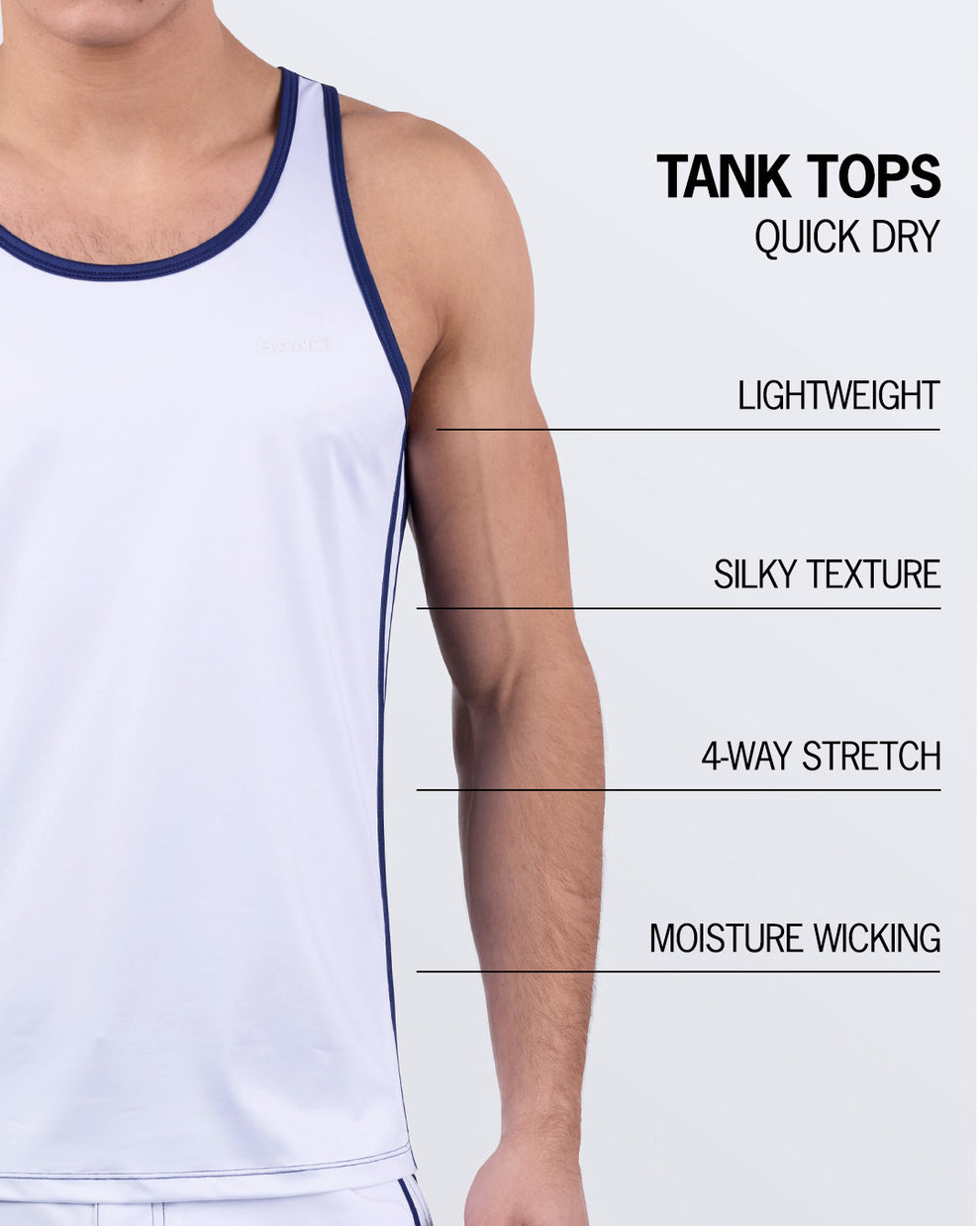 CASINO ROYALE (WHITE + NAVY BLUE) men's tank top by BANG! Miami – featuring quick-dry, lightweight, silky texture, 4-way stretch, and moisture-wicking performance fabric for gym and beachwear.