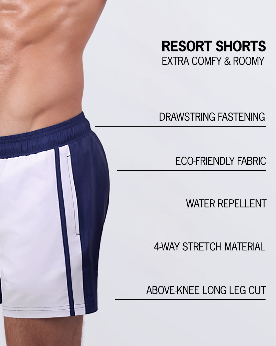 A detailed breakdown of the CASINO ROYALE (WHITE + NAVY BLUE) - Resort Shorts, emphasizing key features like water-repellent fabric, drawstring fastening, and superior comfort for beach and casual wear.