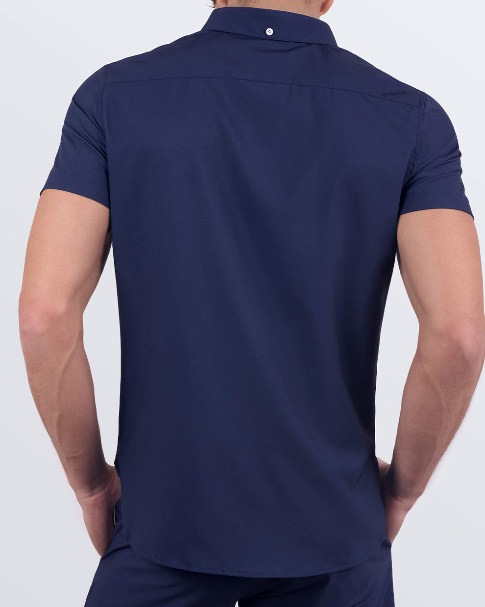 Back view of the CASINO ROYALE (WHITE + NAVY BLUE) stretch shirt for men by BANG! Miami – full navy blue back with lightweight, fitted fabric designed for style and comfort.