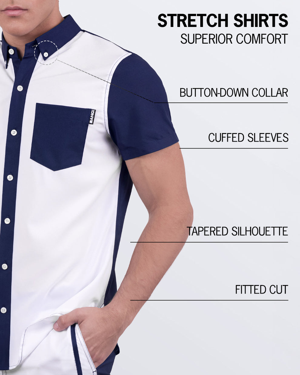 CASINO ROYALE (WHITE + NAVY BLUE) stretch shirt for men by BANG! Miami – features button-down collar, cuffed sleeves, tapered silhouette, and a fitted cut for superior comfort and modern style.