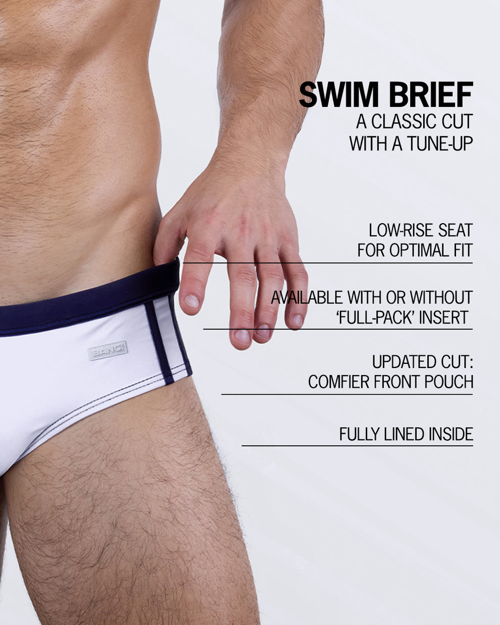 Infographic highlighting the Casino Royale (White + Navy Blue) Swim Brief with minimal coverage, sculpted waistline, low-rise fit, and four-way stretch fabric.