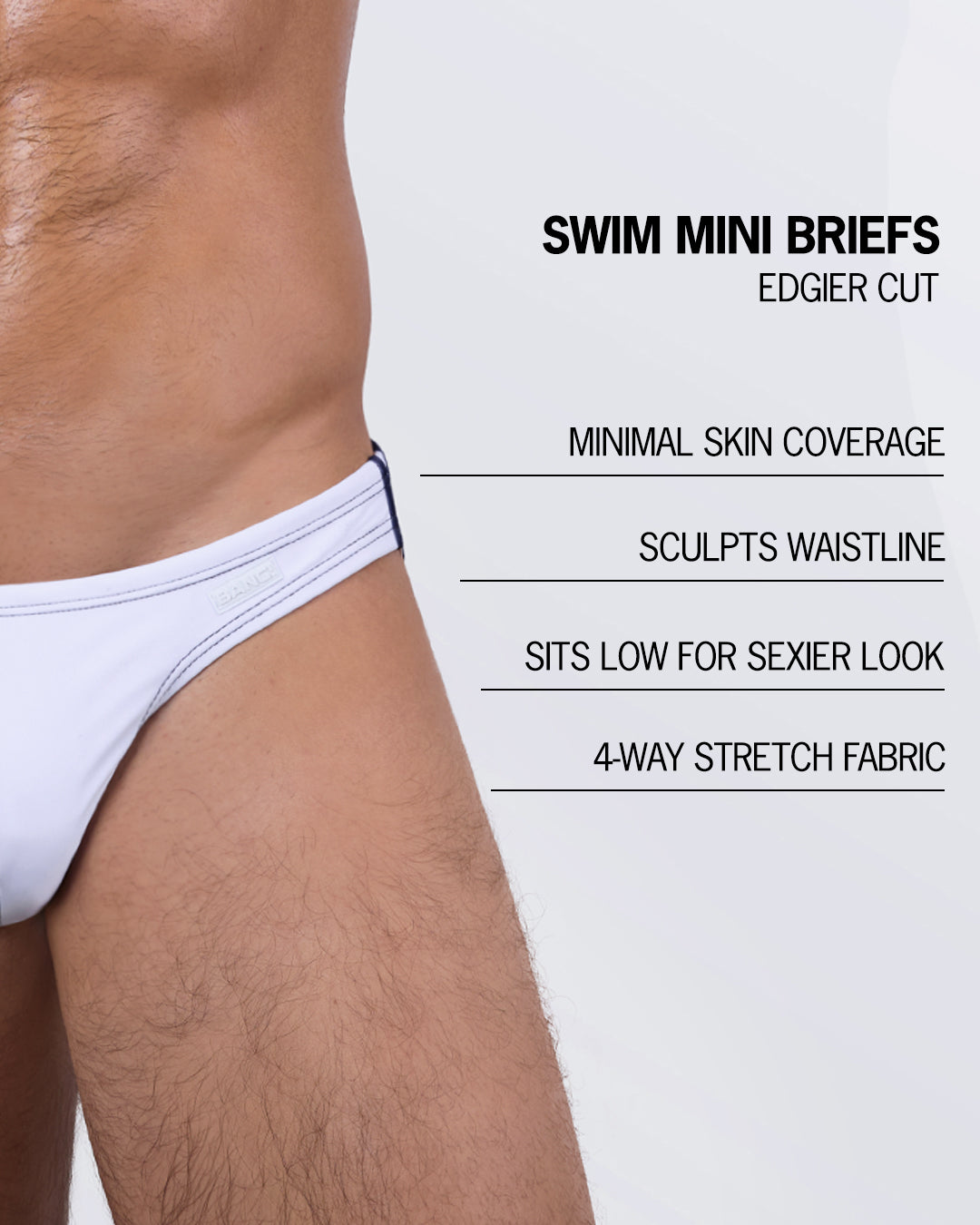 Casino Royale White/Blue Swim Mini Brief infographic highlighting minimal coverage, a sculpted waistline, low rise, and four-way stretch.