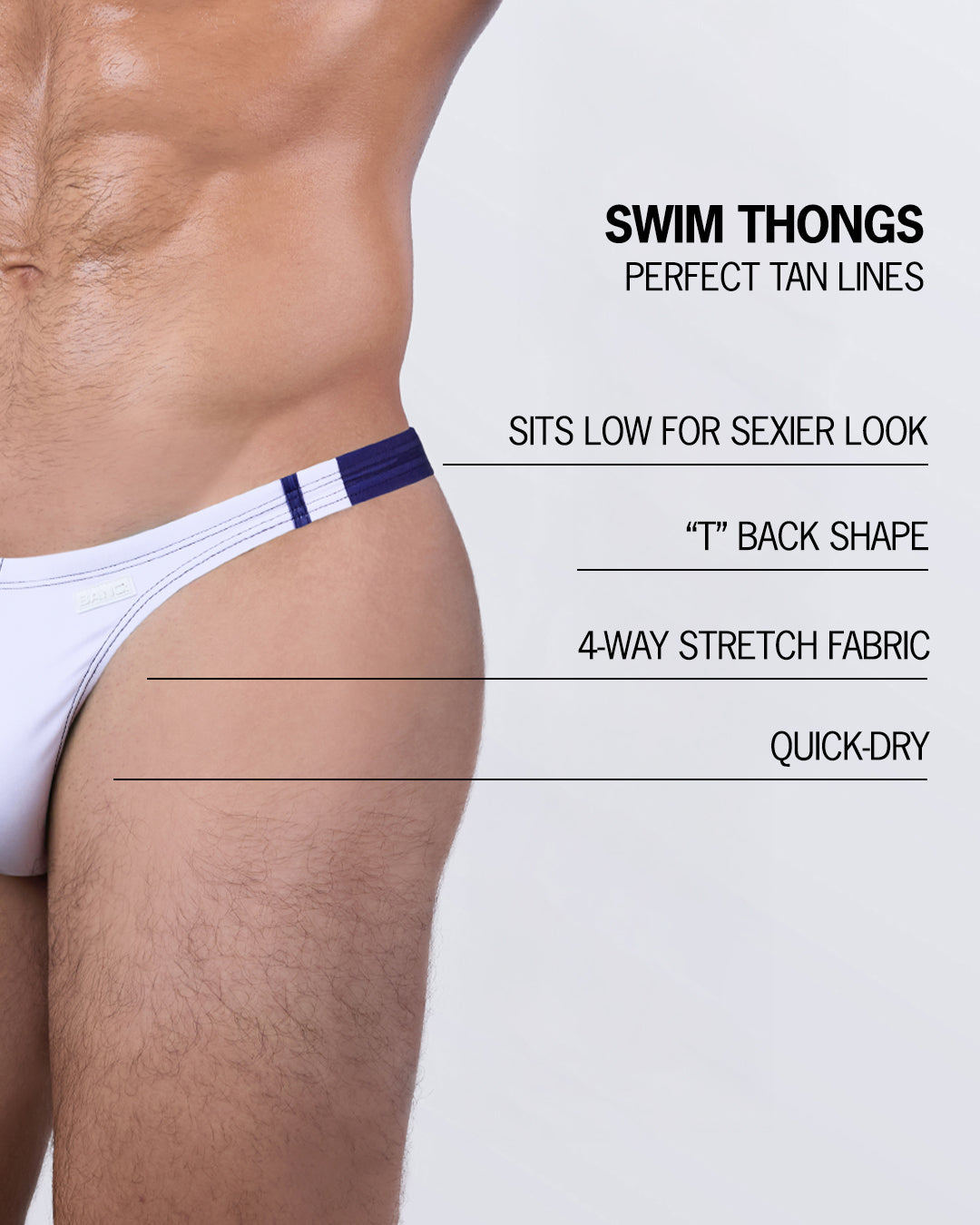 Feature infographic of BANG! Swim Thong – low-slung fit with minimal coverage, quick-dry 4-way stretch fabric, and streamlined shape for a confident beach look.