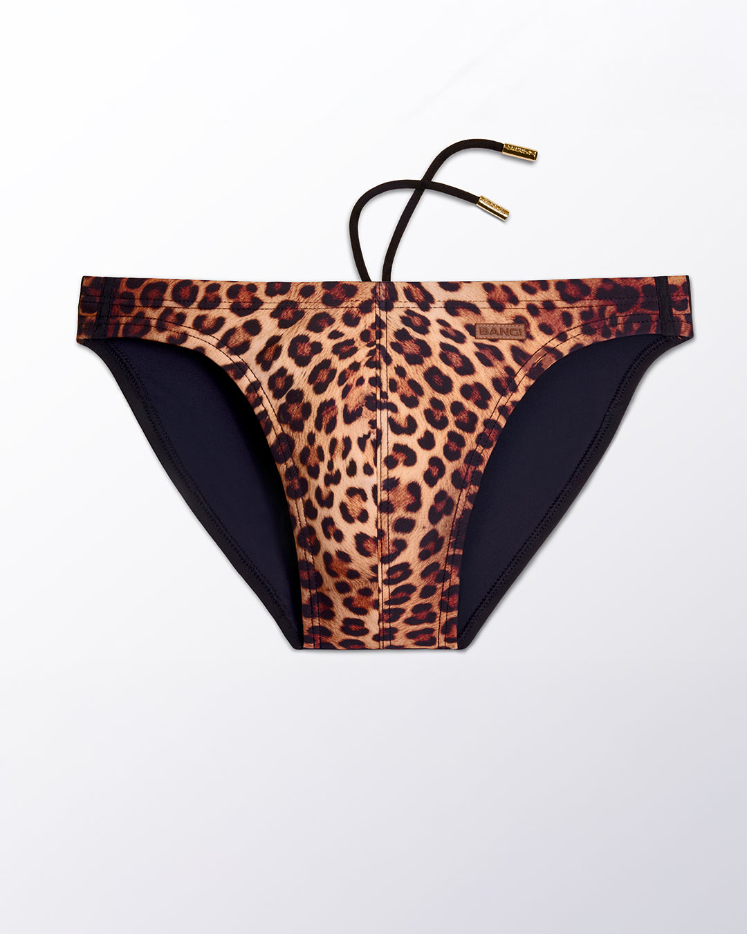 Flat lay of the BANG Miami Casino Royale (Leopard + Black) Swim Mini Brief, featuring a bold leopard print contrasted with black panels in a sleek, sculpted mini brief silhouette.