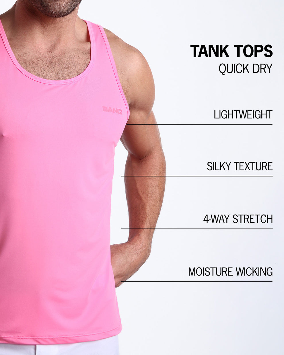 An infographic explaining the features of the lightweight, silky texture, 4-way stretch, and moisture-wicking material of the BANG! fitness tank top.