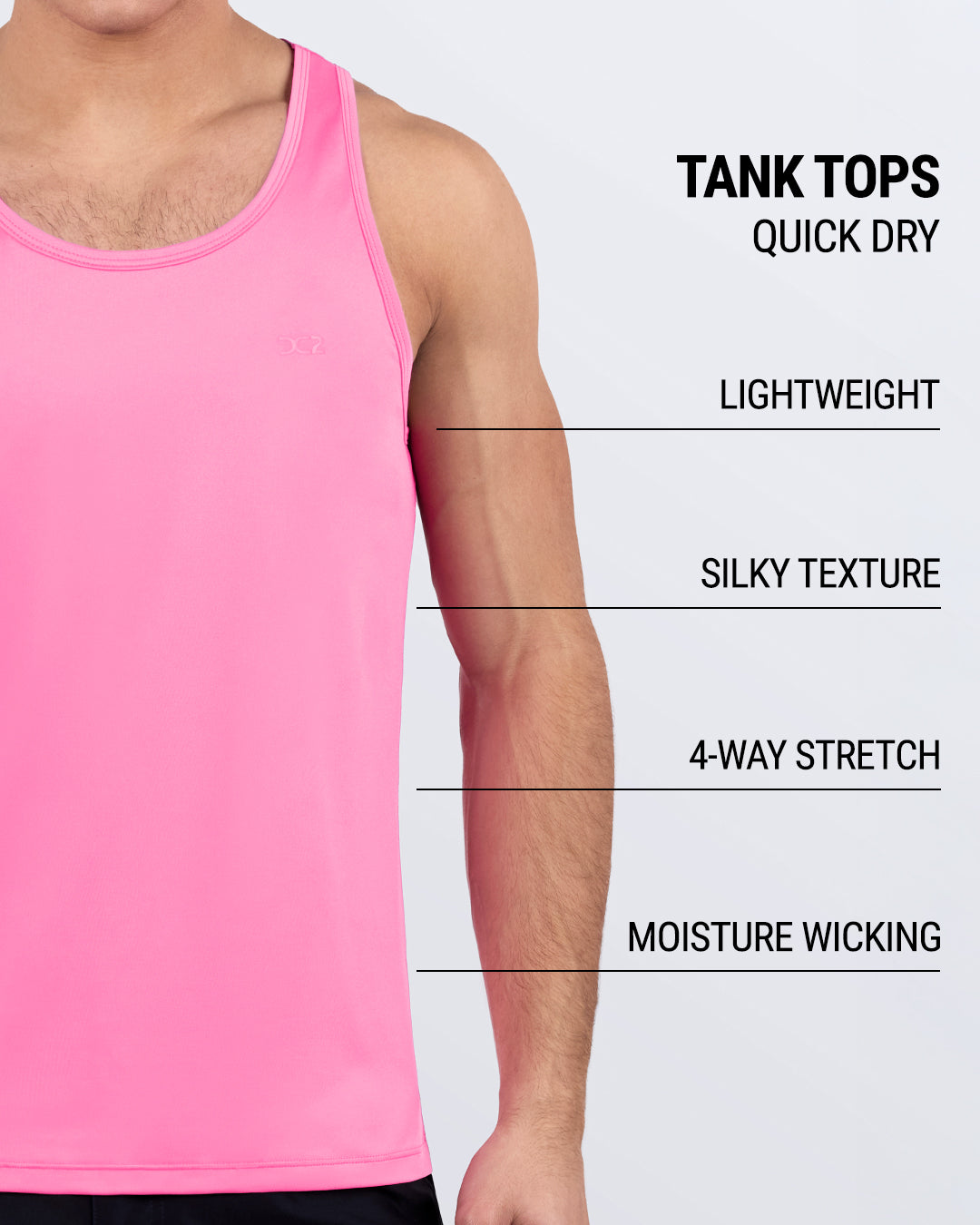 DC2 CHARMED PINK Tank Top — features graphic highlighting quick dry, lightweight feel, and 4-way stretch fabric.