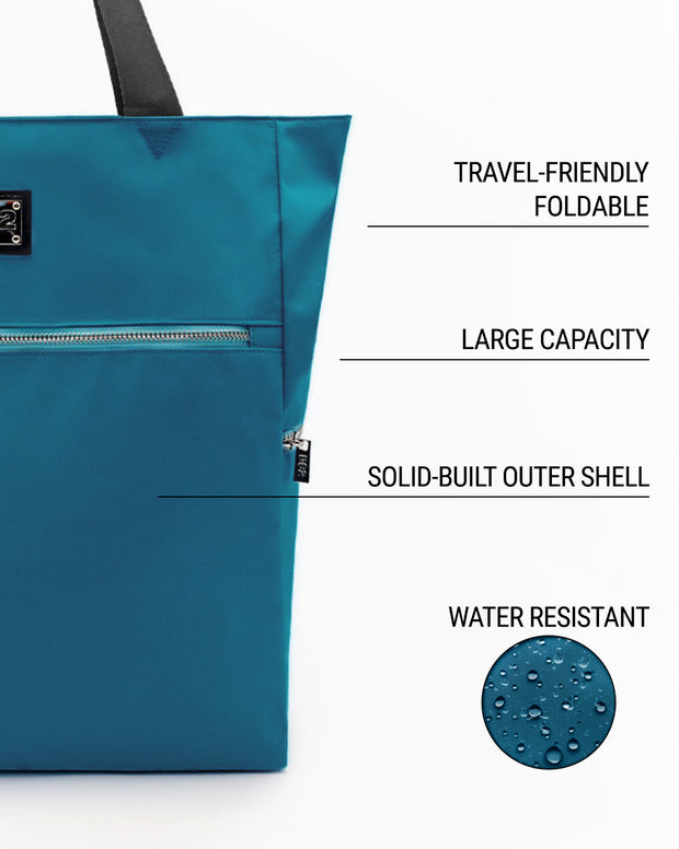 Infographic highlighting the key features of the CHIC TEAL Poolside Tote Bag by DC2 Miami. The image showcases the bag&