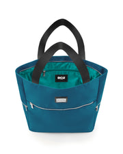 Top view of the CHIC TEAL Poolside Tote Bag by DC2 Miami, showcasing the spacious interior with a visible DC2 Miami logo label. The bag features a blue/green teal color with sturdy black handles and multiple zippered compartments for secure storage.