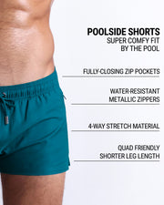 DC2's Poolside Shorts are designed to be incredibly comfortable while lounging by the pool. They come equipped with fully-closing zip pockets and water-resistant metal zippers. Additionally, their 4-way stretch material ensures a perfect fit, while their shorter leg length design makes them quad-friendly
