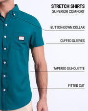 Infographic displaying the contemporary fit of DC2 men's sleeveless Hawaiian Stretch Shirt. This button up shirt features a button-down collar, cuffed sleeves, tapered silhouette, and a fitted cut. 