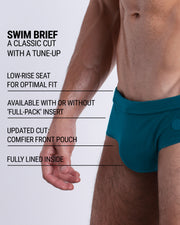 Infographic explaining the classic cut with a tune-up CHIC TEAL Swim Brief by DC2. These men swimsuit is low-rise seat for optimal fit, available with or without 'Full-Pack' insert, comfier front pouch, and fully lined inside.