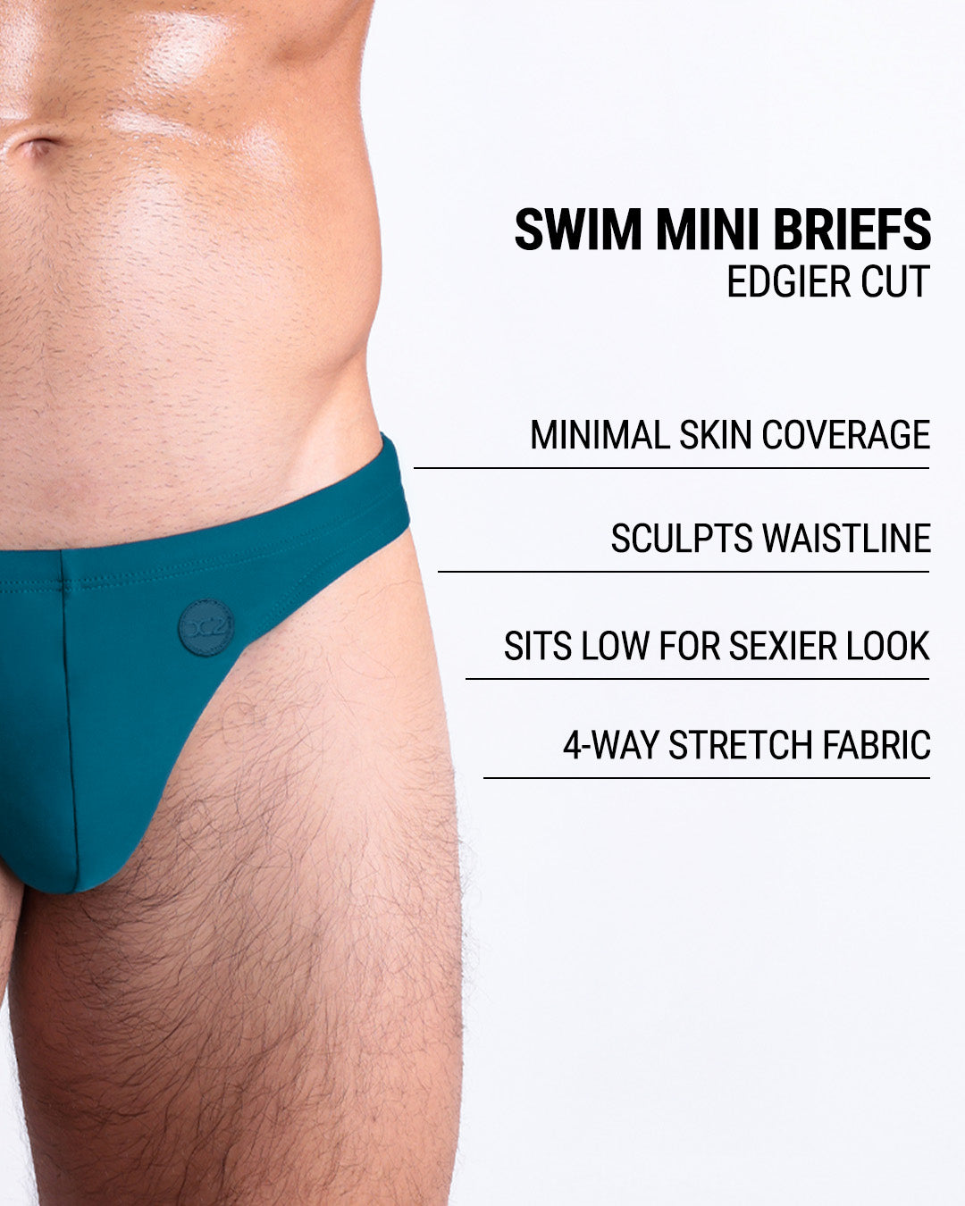 Infographic explaining the edgier cut of the Swim Mini Briefs. Features sculpt waistline, 4-way stretch fabric, sits low for sexier look, and has quick-dry material.