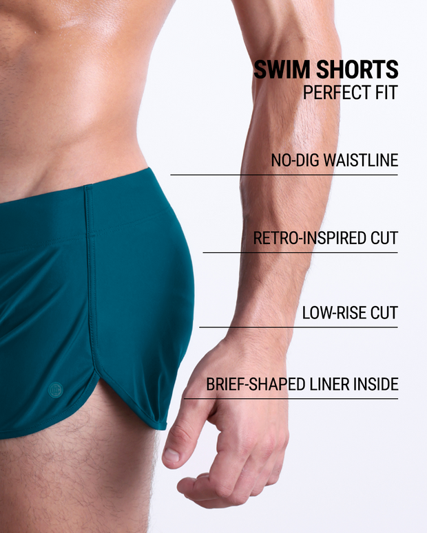 These infographics illustrate the features of the new DC2 Swim Shorts in CHIC TEAL. They have a retro-inspired cut, a low-rise design, and a brief-shaped liner inside, while the no-dig waistline ensures maximum comfort.