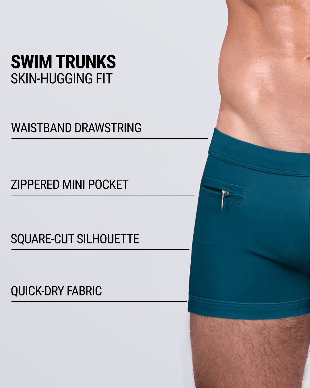 Product details graphic of Chic Teal Swim Trunks — showcasing waistband drawstring, zippered mini pocket, square-cut silhouette, and quick-dry stretch fabric.