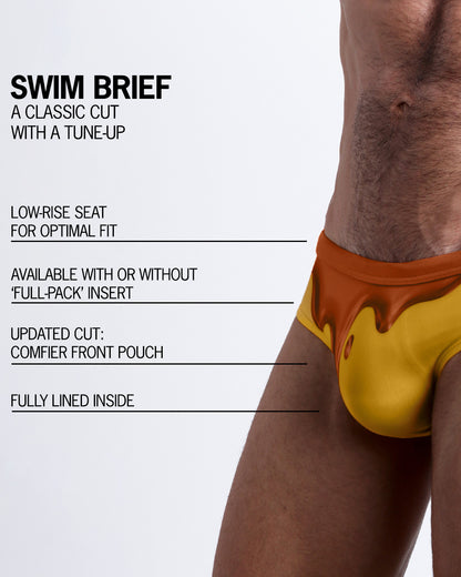 Infographic explaining the classic cut with a tune-up CHOCO BANG Swim Brief by BANG! Clothes. These men swimsuit is low-rise seat for optimal fit, available with or without 'Full-Pack' insert, comfier front pouch, and fully lined inside.