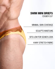 Infographic explaining the features of the CHOCO BANG Swim Mini Brief made by BANG! Clothes. These edgier cut mens swimsuit are minimal skin coverage, sculpts waistline, sits low for sexier look, and 4-way stretch fabric.