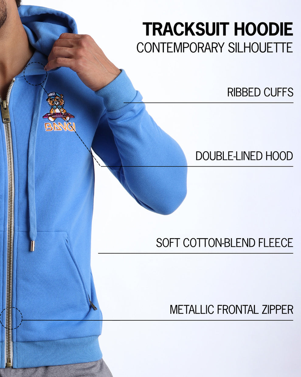 An infographic explaining the features of BANG! Clothes’ Tracksuit Hoodie, including a contemporary silhouette, double-lined hood, soft cotton-blend fleece, ribbed cuffs, and a metallic frontal zipper.
