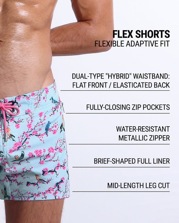 Infographic explaining the FLEX SHORTS innovative design. These shorts have dual-type "hybrid" waistband, deep zippered pockets, contoured fit, and mid-length leg cut.