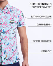 Infographic displaying the contemporary fit of DC2 men's sleeveless Hawaiian Stretch Shirt. This button up shirt features a button-down collar, cuffed sleeves, tapered silhouette, and a fitted cut.