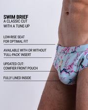 Infographic explaining the classic cut with a tune-up CLOSE TO YOU Swim Brief by DC2. These men swimsuit is low-rise seat for optimal fit, available with or without 'Full-Pack' insert, comfier front pouch, and fully lined inside.