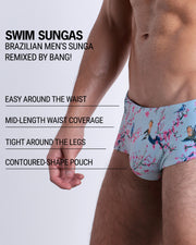 Infographic explaining the Brazilian Men's Swim Sunga remixed by BANG! These Swim Sunga are easy around the waist, are mid-length waist coverage, are tight aroung the legs, and have contoured-shape pouch.