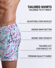 Infographic explaining the Tailored Shorts features and how they're tailored to fit every body form. Featuring hidden snap buttons, adjustable side buckles, roomy pockets, and premium quality fabric.