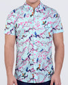 Close to You short sleeve cotton shirt with light blue base, cherry blossoms, and colorful bird print by DC2 Miami.