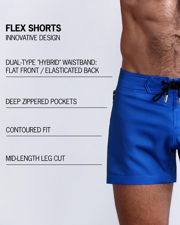 An infographic is available to explain the innovative design of FLEX SHORTS, which features a hybrid waistband, deep zippered pockets, a contoured fit, and mid-length leg cut.