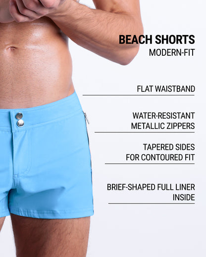 Infographic displaying the contemporary fit of DC2 Beach Shorts. These shorts feature a flat waistband, water-resistant metallic zippers, tapered sides for contoured fit, and a brief-shaped full liner inside. 