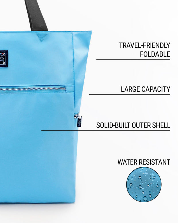 Infographic highlighting the key features of the COASTAL BLUE Poolside Tote Bag by DC2 Miami. The image showcases the bag&